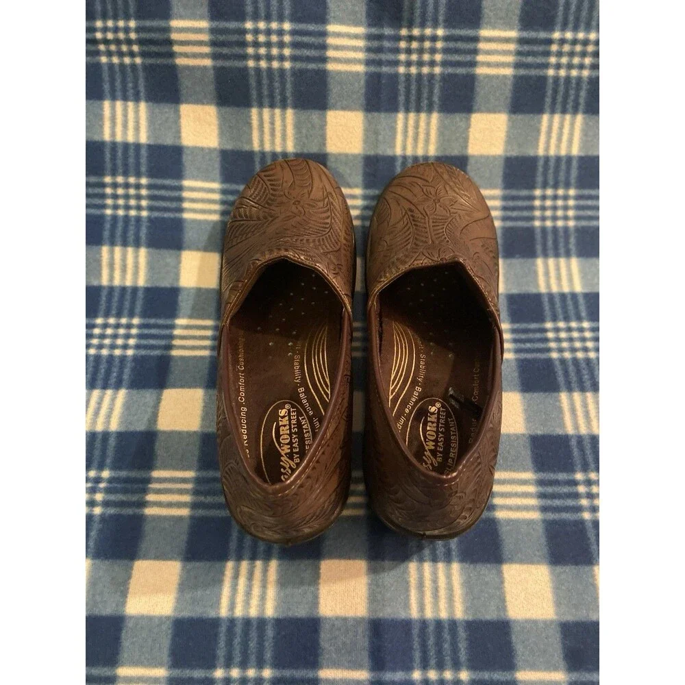 Women's Clogs Chef Nurse Shoes Floral Size 9.5 Brown Comfort Slip On Easy Street